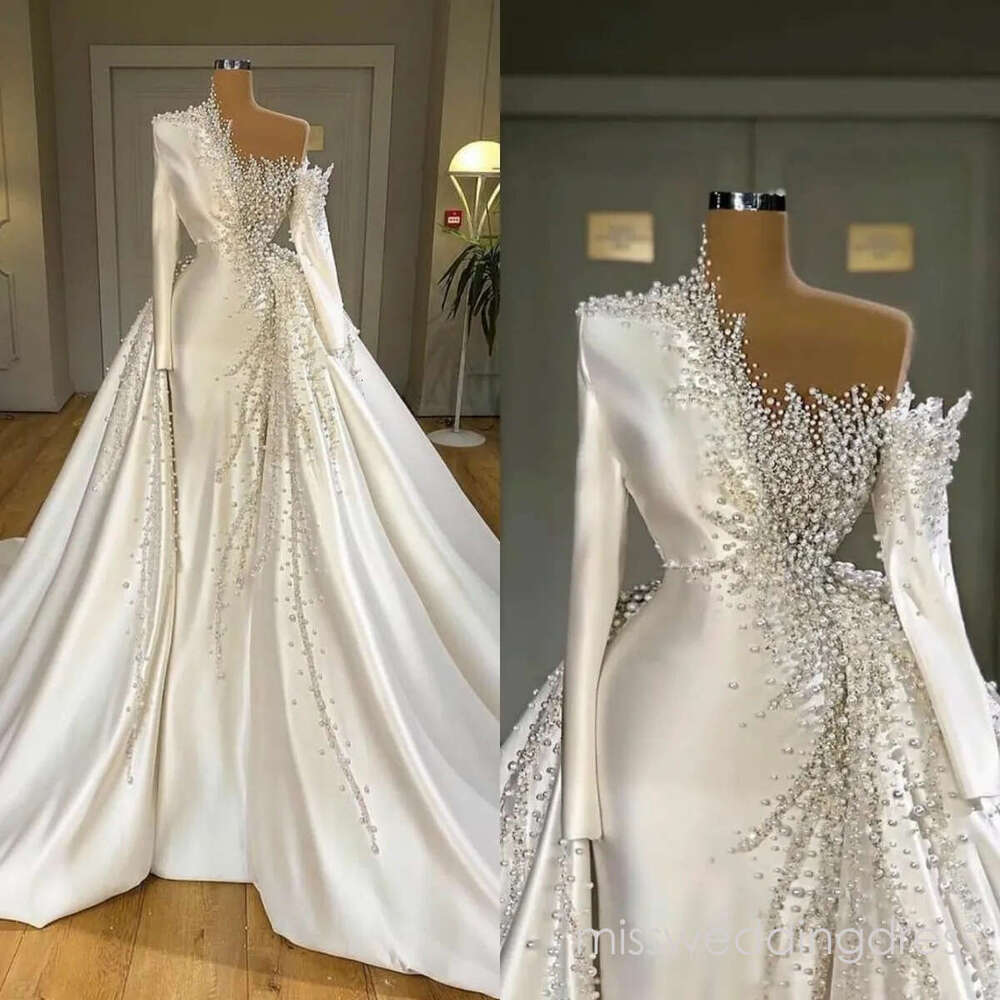 Vintage Pearls Mermaid Wedding Dress Long Sleeve Bridal Gowns with Overskirts Off Shoulder Bride Dresses Custom Made Vestido de novia