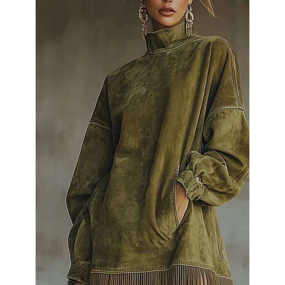 Fashion High Collar Velvet Pullovers Temperament Long Sleeve Loose A-line Elegant Solid Color Women's Commute Dress C260312