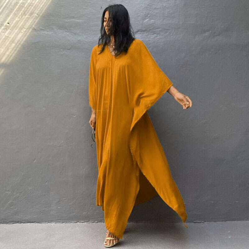 New European and American style rayon solid color cover-up dress seaside vacations, loose-fitting bikini swimsuit robe for women