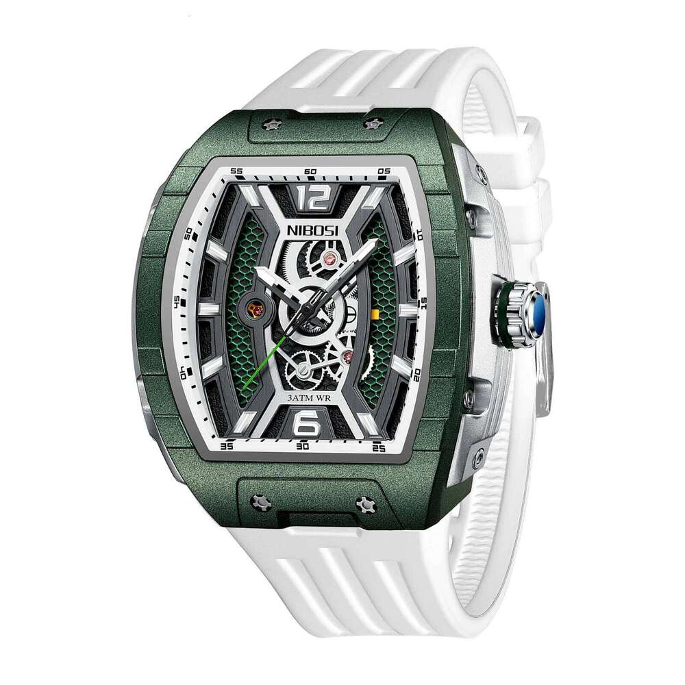 NIBOSI Luxury Automatic Skeleton Watch Men Tonneau Sport Style Silicone Band Quartz Watches 3ATM Water Resistant Luminous Hands