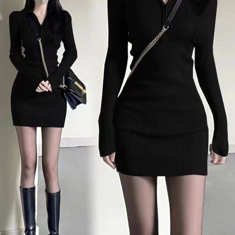 2025 Minimalist Black Ribbed Knit Half Zip Long - Sleeve Bodycon Dress, Women's Daily Elegant Wear C260312