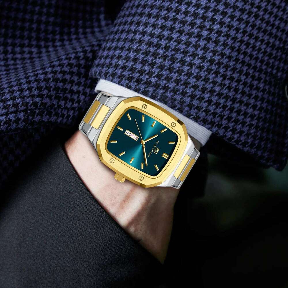 VA VOOM Brand Men Stainless Steel Original Square Style Blue Gold Dual Calendar Quartz Movement Business Watch