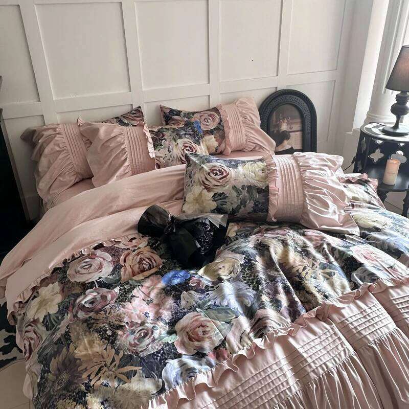 Vintage Rose Oil Painting Style Ruffles Egyptian Cotton Bedding Set Duvet Cover Bed Sheet/Bed Skirt/Fitted Sheet Pillowcase 4Pcs H260312