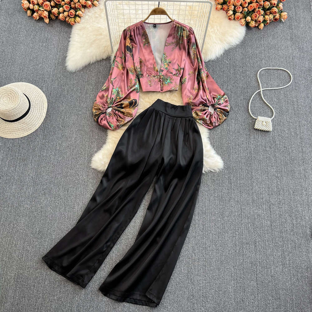 Light and mature style women's fashion suit elegant V-neck lantern sleeve printed shirt with high A19 waisted wide leg pants