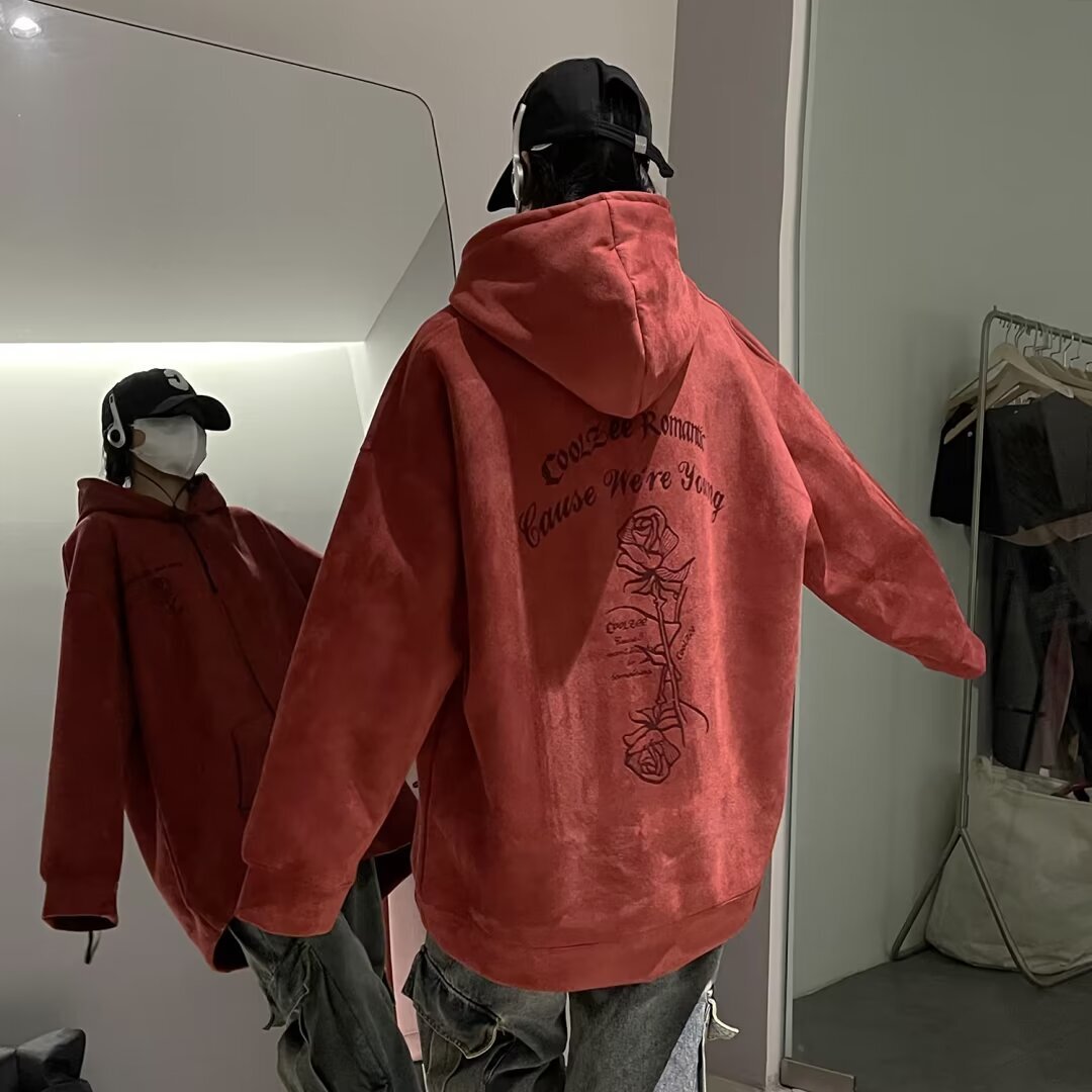Pink Suede Rose Print Sweatshirt Designer Hoodie For Men Autumn Trendy Brand Heavy-duty Stylish Casual Hooded Plus-size Loose-fitting Jacket