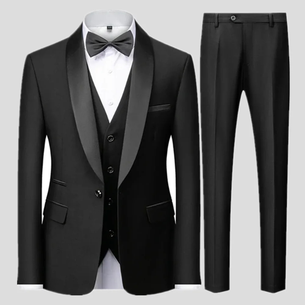 Black Men Autumn Wedding Party Three Pieces Set Large Size Male Blazer Coat Pants and Vest Fashion Slim Fit Suit 260306