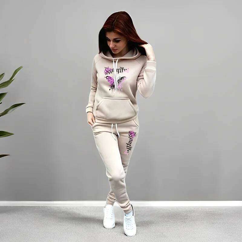 Women's Two Pieces Set Winter Sportswear Fleece Hoodies Sweatpants Ladies Daily Casual Sporty Jogging Suit Comfort Lounge Wear C260312