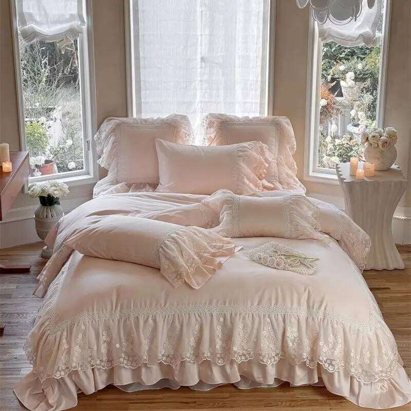 1200TC Egyptian Cotton Lace Ruffles Princess Wedding Style Pink Bedding Set Duvet Cover Flat/Fitted Bed Sheet Pillowcases 4Pcs H260312