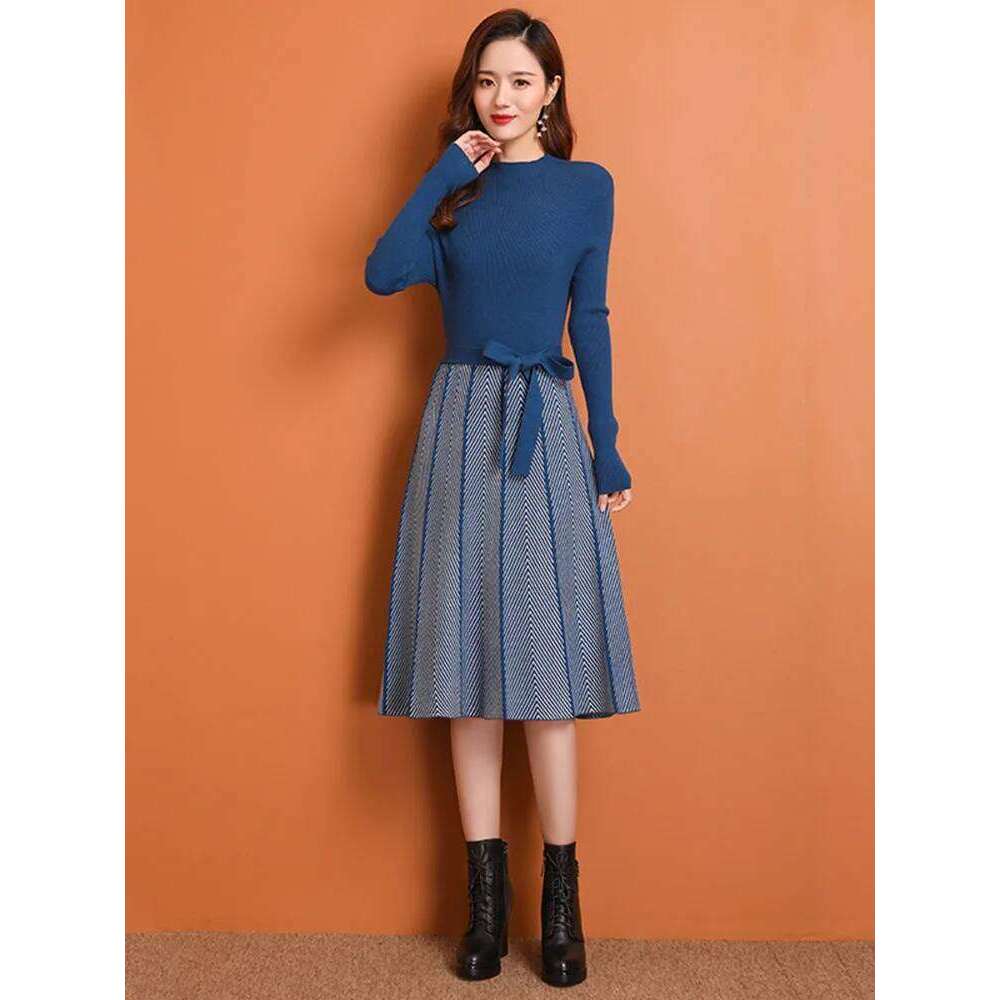 Women Elegant Knitwear Knee Length Vestidos Korean Stripe Knitted Midi Dresses With Belt Spring Fall Slim Long Sleeve Elbise New C260312