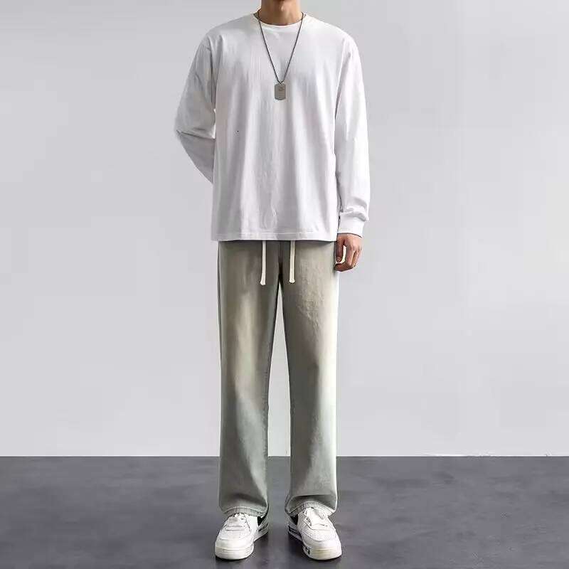 Light Wash Men's Drawstring Jeans Loose Straight Floor-Length Trendy Casual Wide Leg Long Trousers Comfortable Fit 26Y0312