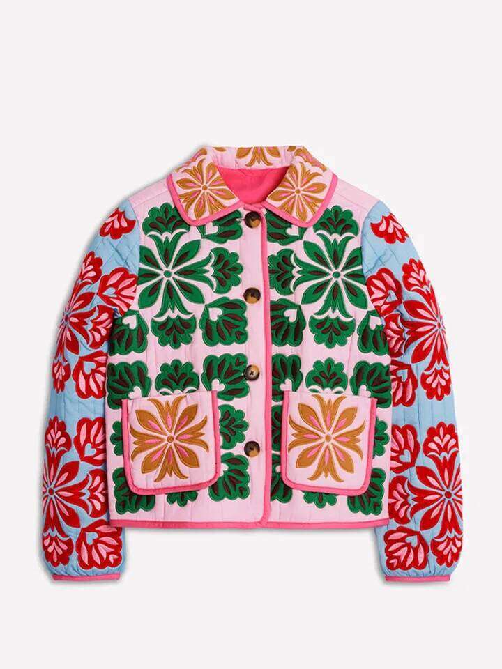2025 Winter Women's Flower Print Parkas Lapel Single-Breasted Long Sleeve Pocket Quilted Coat Female Vintege Lady New In Outwear Asia Size