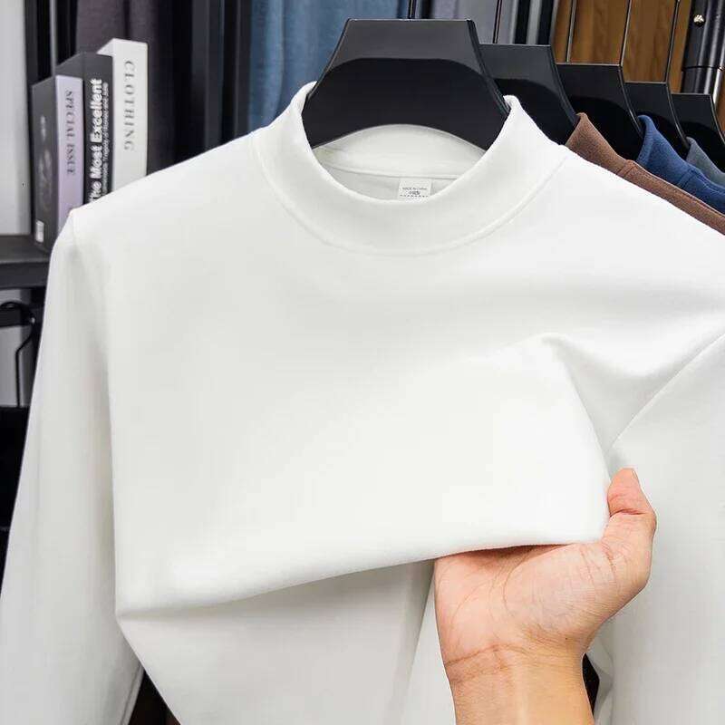 2025 New Men's Casual Solid Color High Collar Velvet Long Sleeve T-shirt Spring and Autumn Versatile Comfortable Top