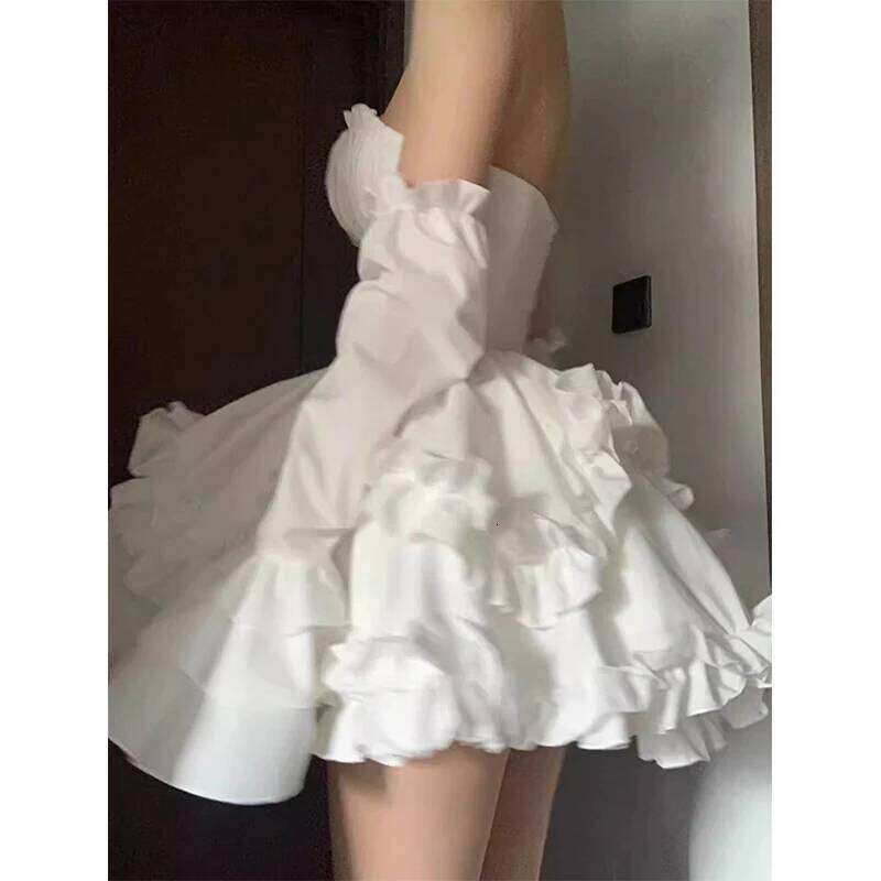 Elegant White Mini Dress Women Fashion Party Prom Luxury Strapless Dresses Summer Korean Sexy Ruffles Backless Bodycon Vestidos C260311