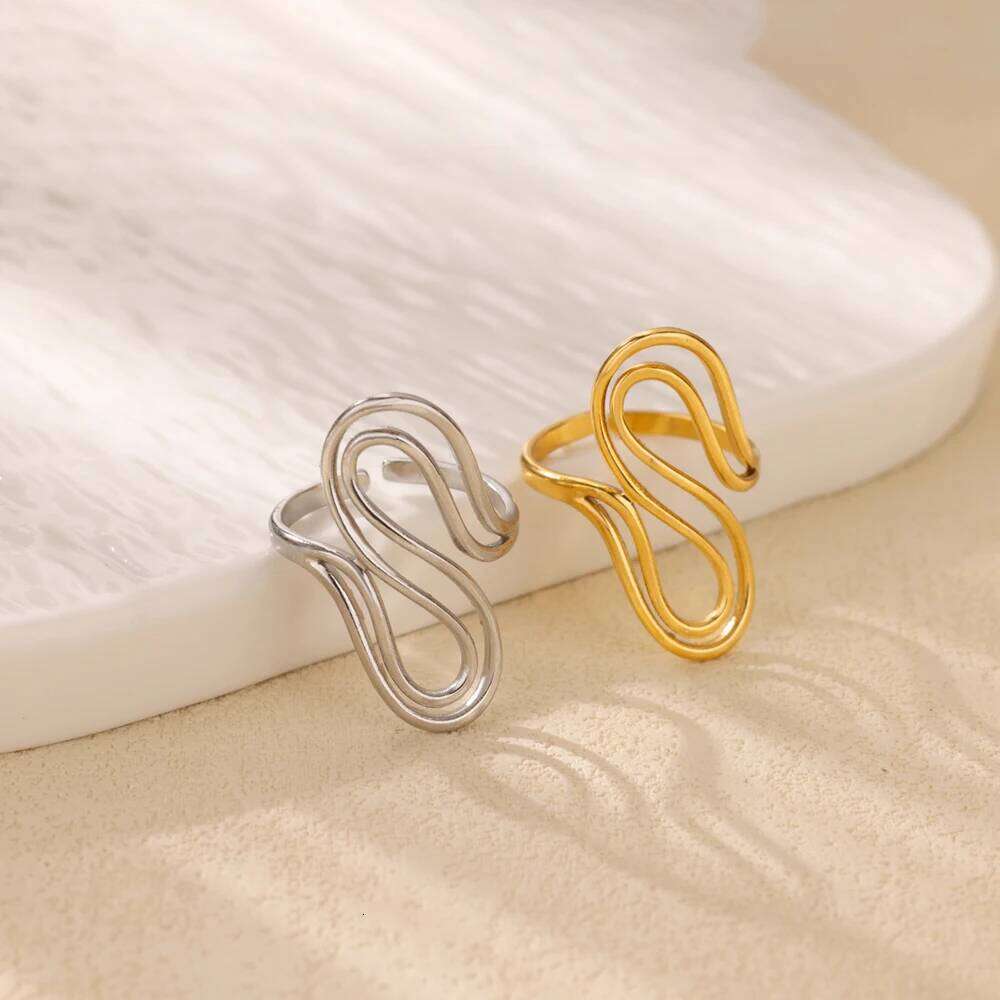Stainless Steel Hollow Twisted Line Rings For Women Gold Color Opening Couple Ring Aesthetic Wedding Christmas Jewelry Gift H260312