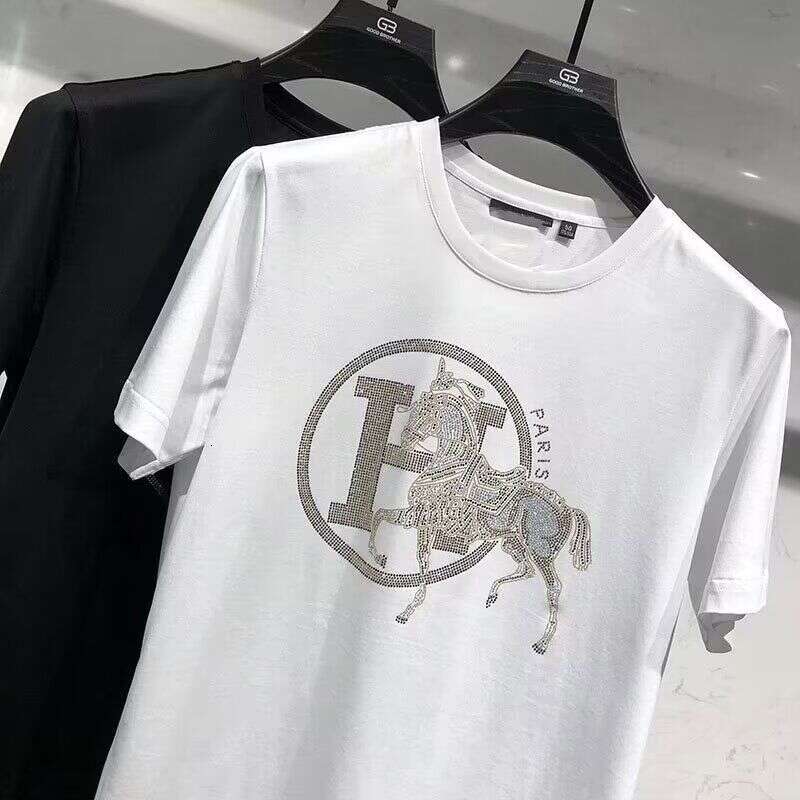European High-End Brand Men's Pure Cotton Short-Sleeve T-Shirt, 2025 New Summer Style, Personalized Trendy Print With Rhinestone Embellishments A