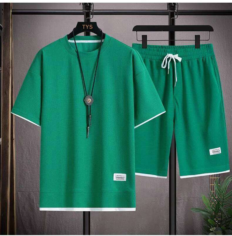 2026 new Summer Men's Waffle Sets Casual T-Shirt And Shorts Set Male Sports Suit Solid Color Tracksuit Loose Suits