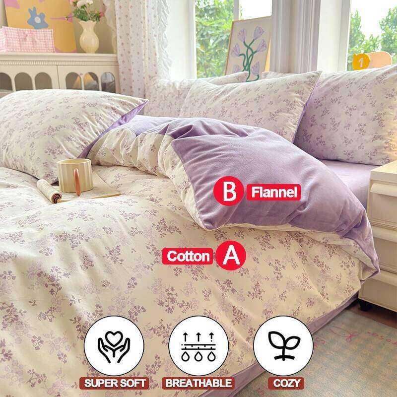 Premium Bedding Set :1 Duvet Cover Cotton A-Side,Flannel B-Side + 2 Pillowcases, Super Soft Breathable H260312