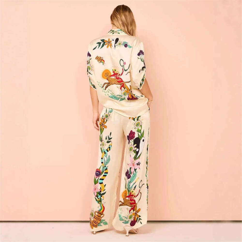 2026 new niche fashion personalized baking paint printed acetate satin shirt wide leg long a21 skirt set