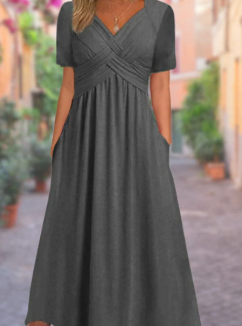 Basic & Casual Dresses 2026 Summer Solid Color Dress Fashionable And Casual V-neck Short Sleeved Mid To Long Length Dress Women's Clothing