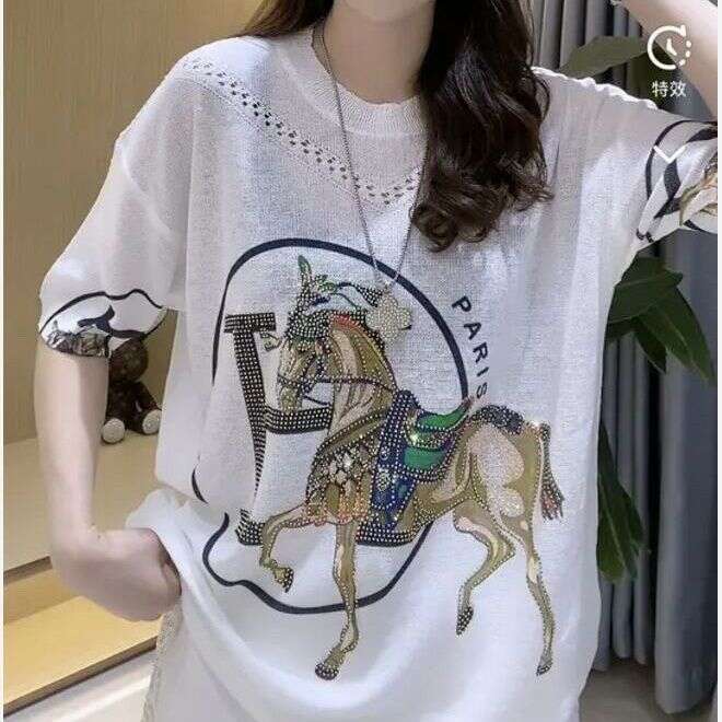 Thin Summer Heavy-Duty European-Style Rhinestone-Embellished White Printed Knitted Pullover Short-Sleeve Top Asia Size