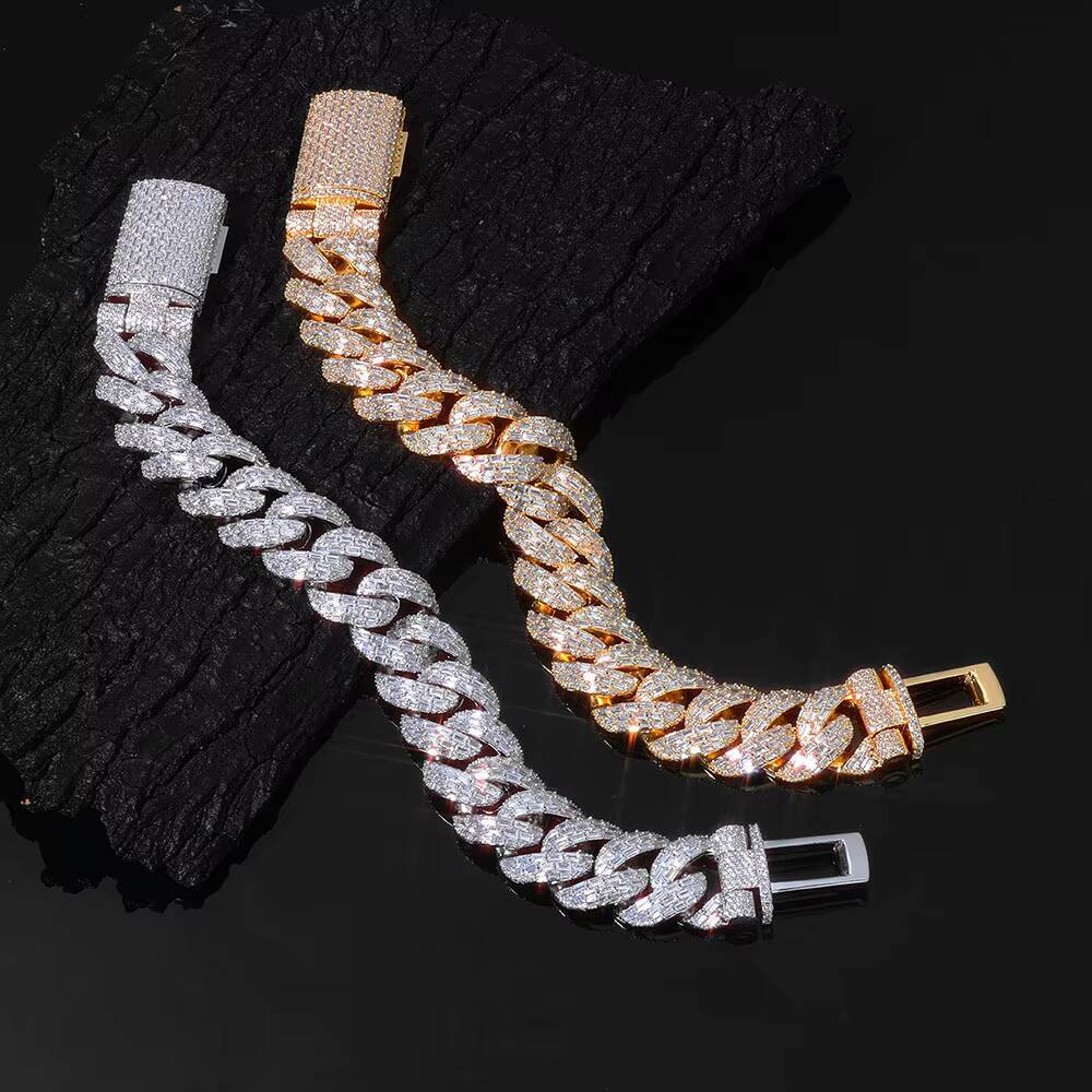 NUOYA 20mm Cuban Link Chain Necklace Iced Out Moissanite VVS Stones Flip Clasp Baguette Cut Diamond Inlay Hip Hop Fine Jewelry