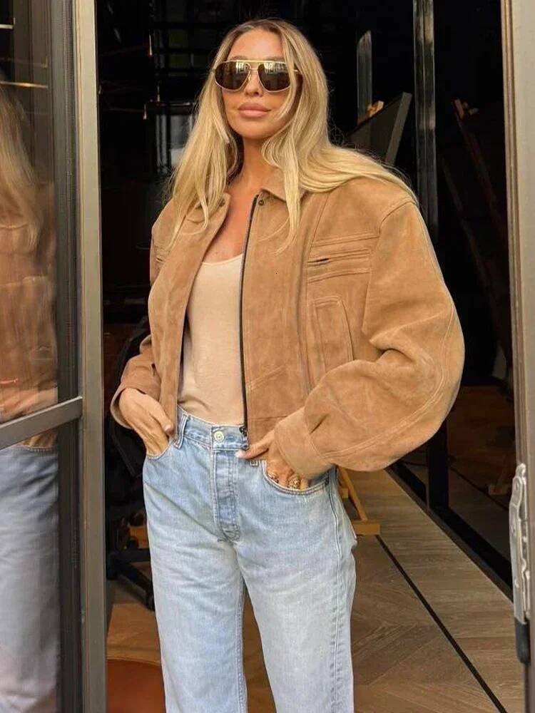 Elegant Brown Loose Short Suedejacket Women Lapel Lantern Sleeves Outwears Fashion Spring Autumn Female Daily Commute Coat 2026