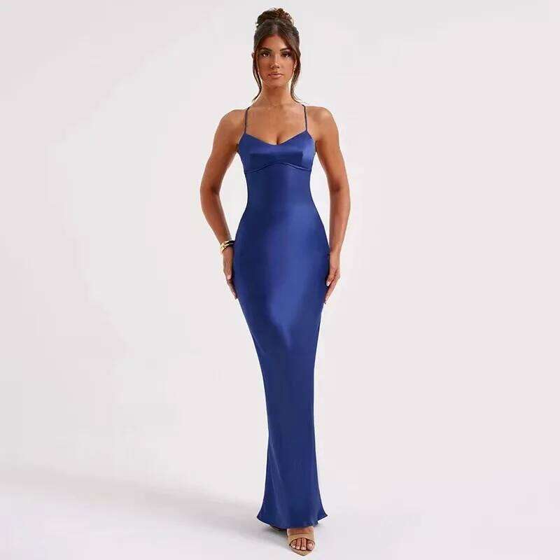 Sexy halter satin dress, a new autumn fashion backless strappy cinched-waist long dress C260312