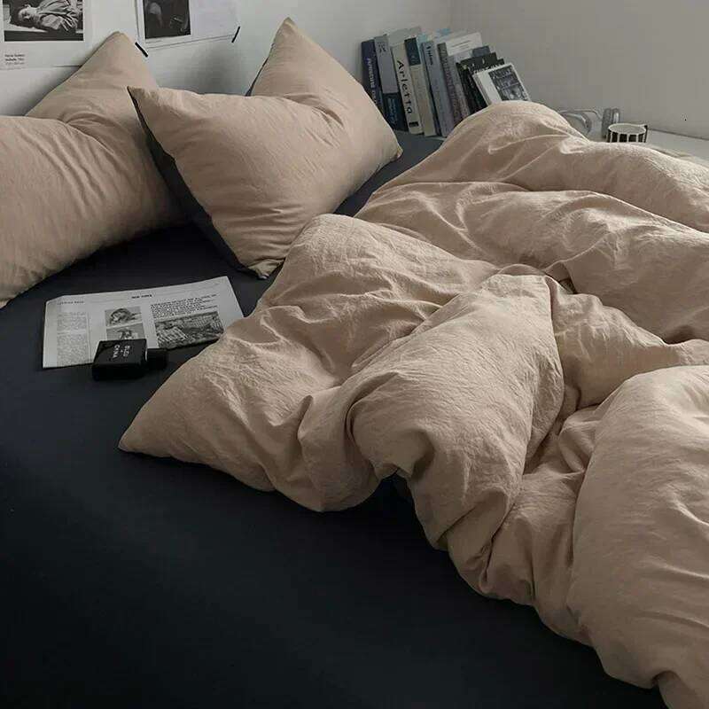 3-4Pcs Cotton Fabric Bedding Set Solid Soft Smooth Bed Sheet Comforter Cover Sets with Fixed Rope Same Color Pillowcase H260312