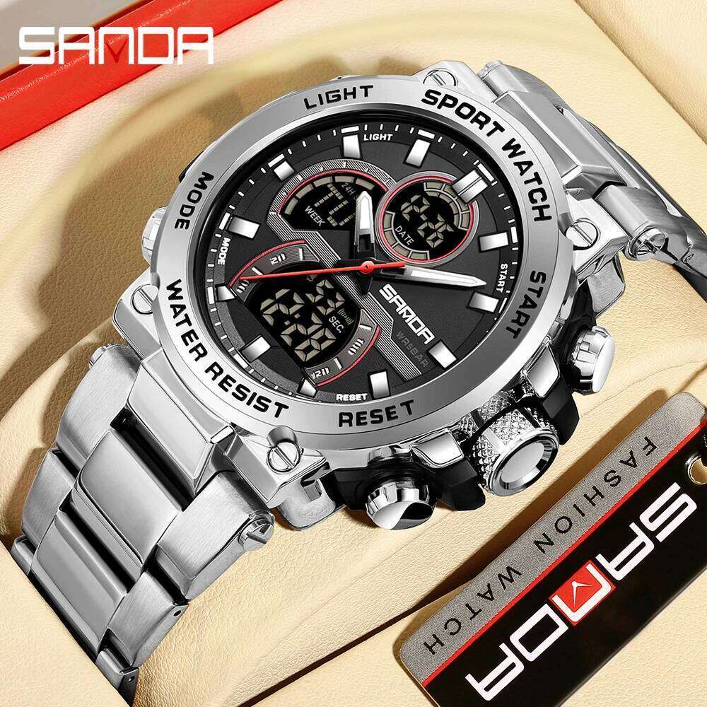SANDA New 6175 Fashionable Sports Waterproof Dual Screen Multifunctional Men's Electronic Watch 2025