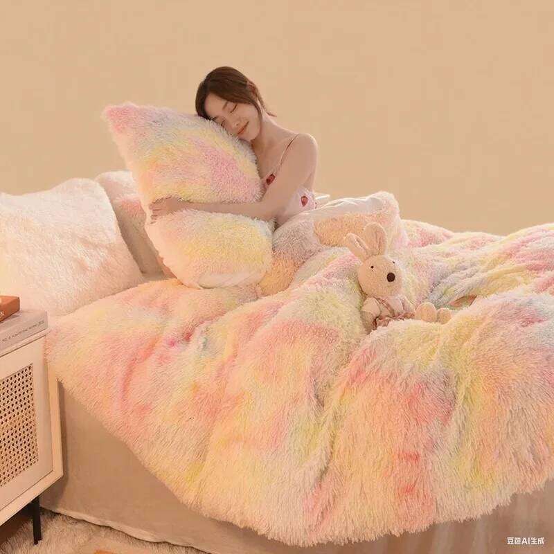 1pc Extra large bedding seasonal plush 4-piece set soft and thick down duvet cover velvet bed sheet rainbow style H260312
