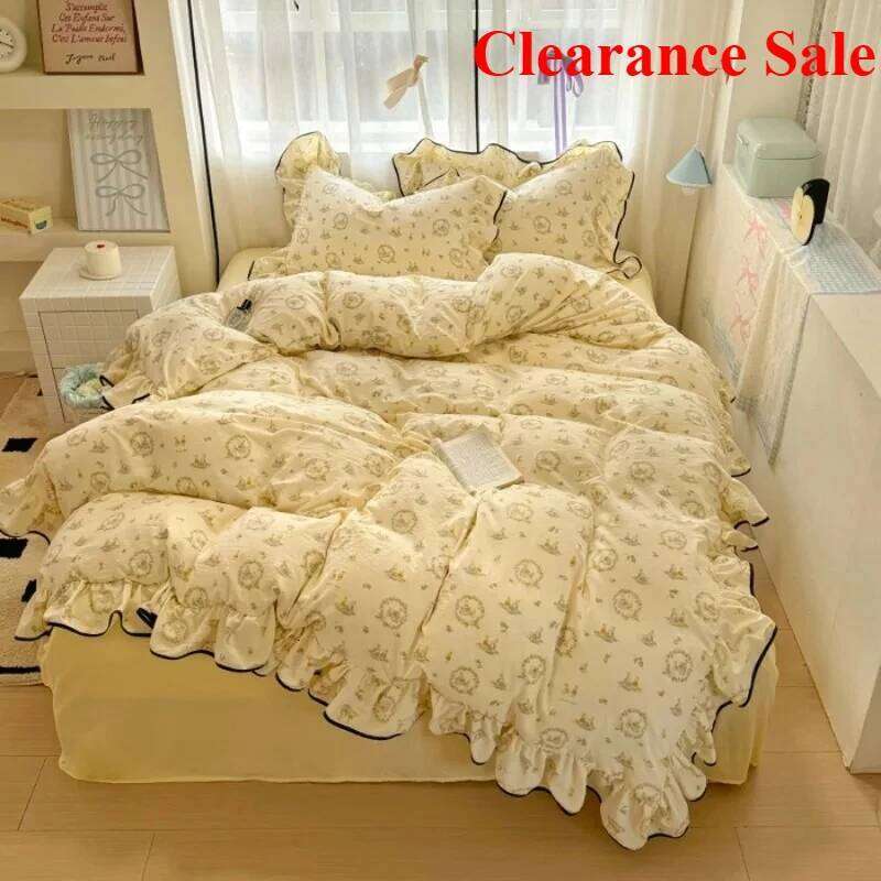 New cream lace girl powder grid Korean version bed four-piece set washed cotton double-layer yarn quilt cover dormitory H260312