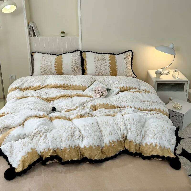 2025 new moire fringed lace four-piece set milk ball blanket quilt cover double-sided velvet winter H260312