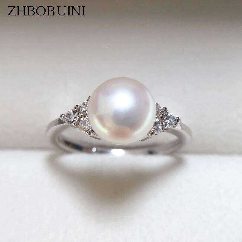 ZHBORUINI 2024 Simple Real Natural Pearl Gold Color Women Jewelry Silver Clear Zircon Diamond Ring Gift H260312
