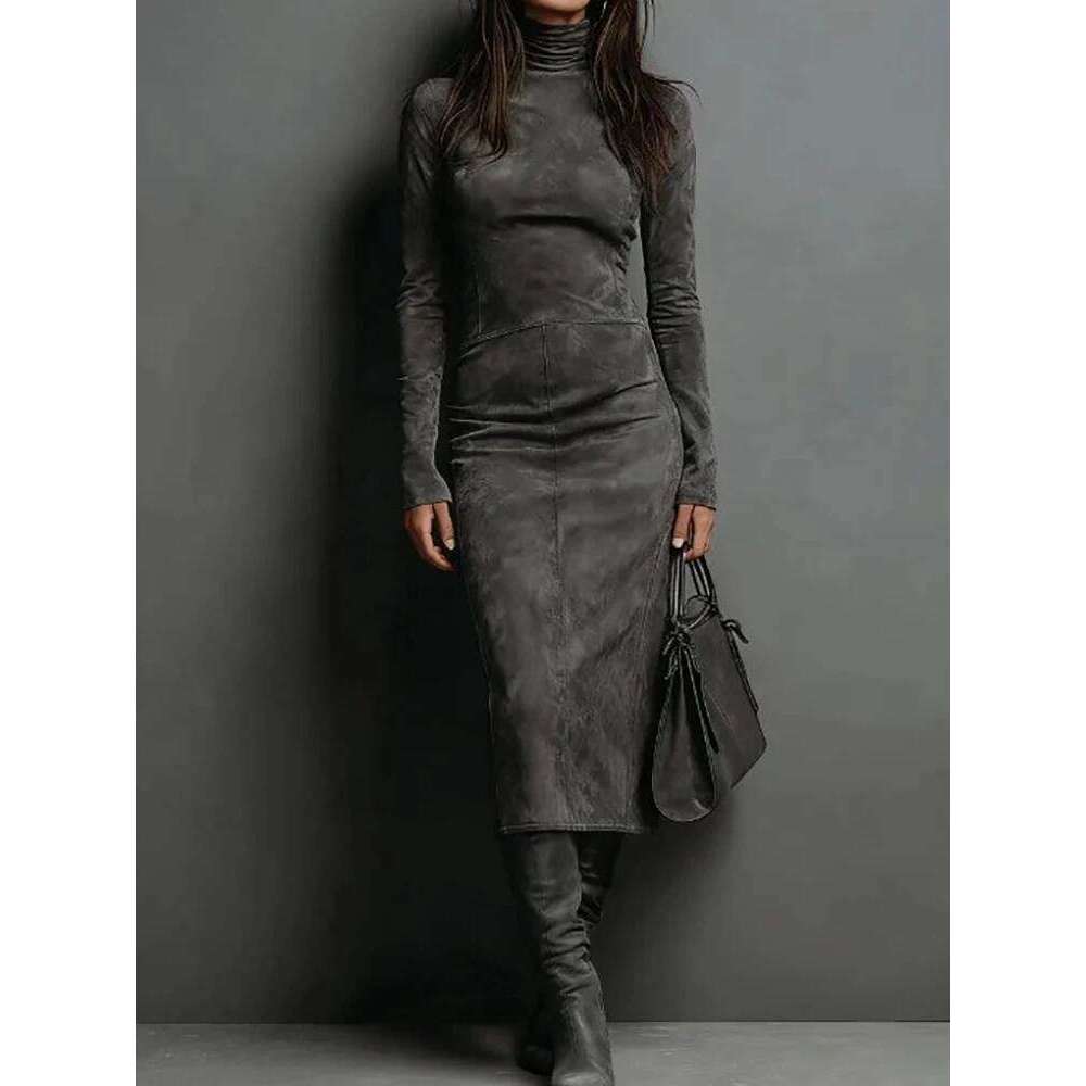 Women Holiday Long Sleeve Sheath Autumn Winter Solid Patchwork Chic Party Dress, Simple Elegant Turtleneck Ladies Dress C260312