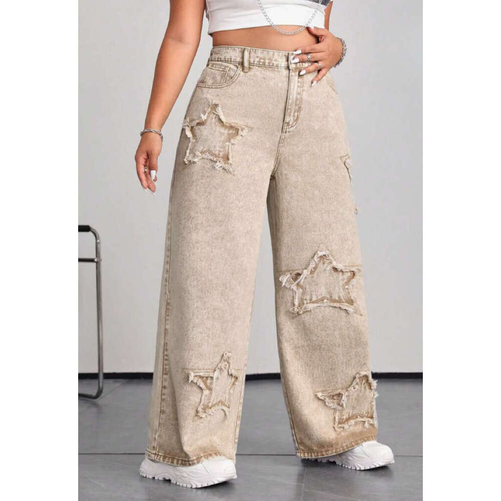 Women'S Denim Wide-Leg Jeans, Embroidered Star Details, Raw Edges, Straight-Leg Jeans, Non-Stretch Denim With Slant Pockets