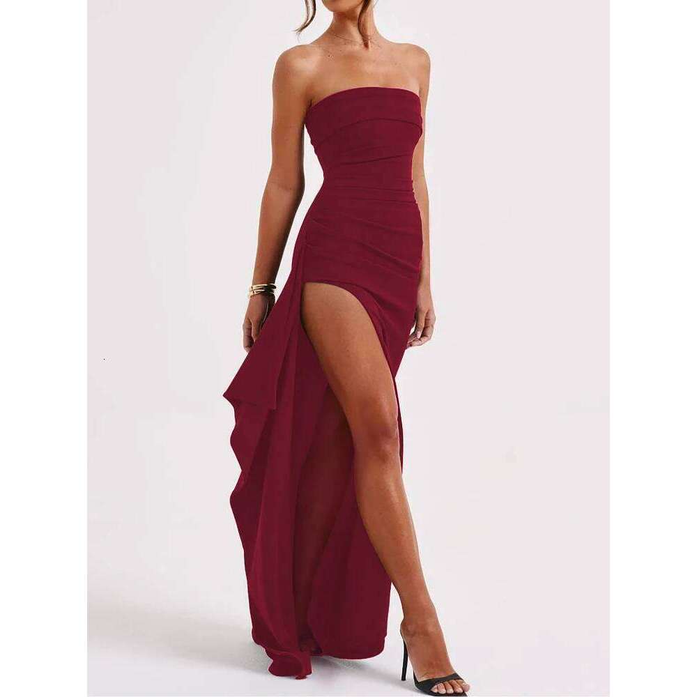 New evening elegant temperament fashionable trend party women one neck strapless sexy backless high slit long dress C260311