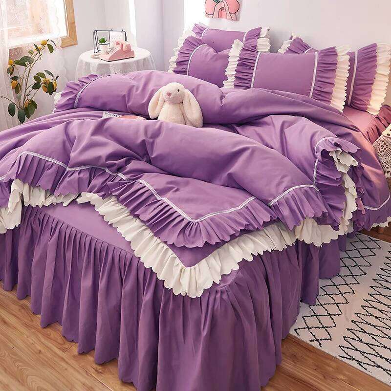 Pink Lace Ruffle Bedding Set Bed Skirt Sheet Korean Duvet Cover Girls Princess Bedspread Pillowcases H260312