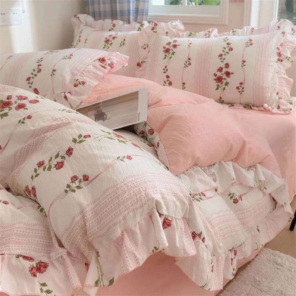 Ins Style Korean Princess Washed Cotton Four Fresh Lace Duvet Cover Set, Sheet Three Piece Set on the Bed H260312