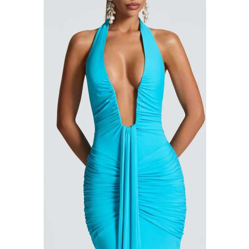 Deep V Neck Draped Ruched Sexy Maxi Women Summer Fashion Halter Sleeveless Backless Club Party Long Dress Elegant BM98 C260312