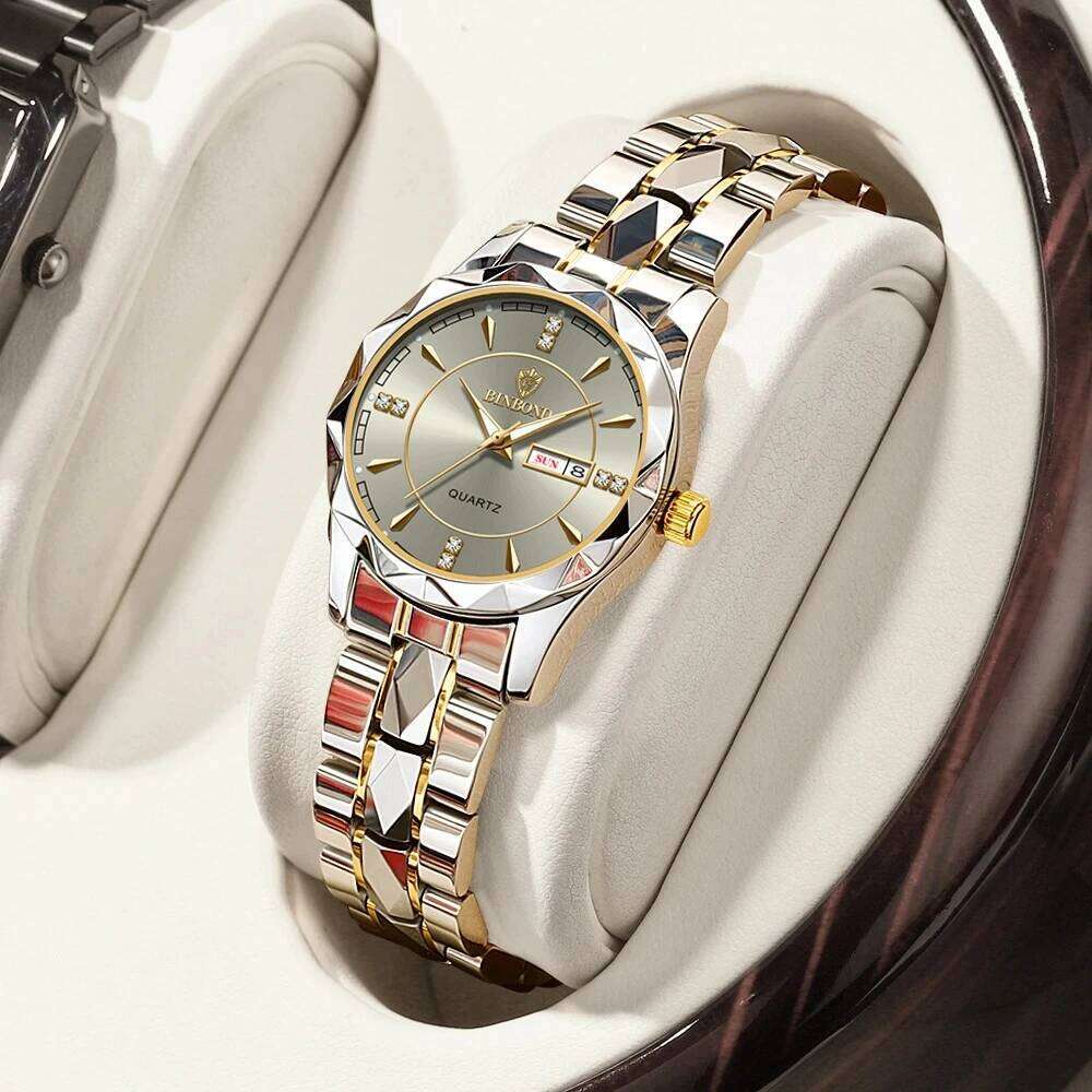 BINBOND 5552 Japanese Quartz Movement Fashion Women's Top Brand Luxury Stainless Steel Strap Date Calendar Watch