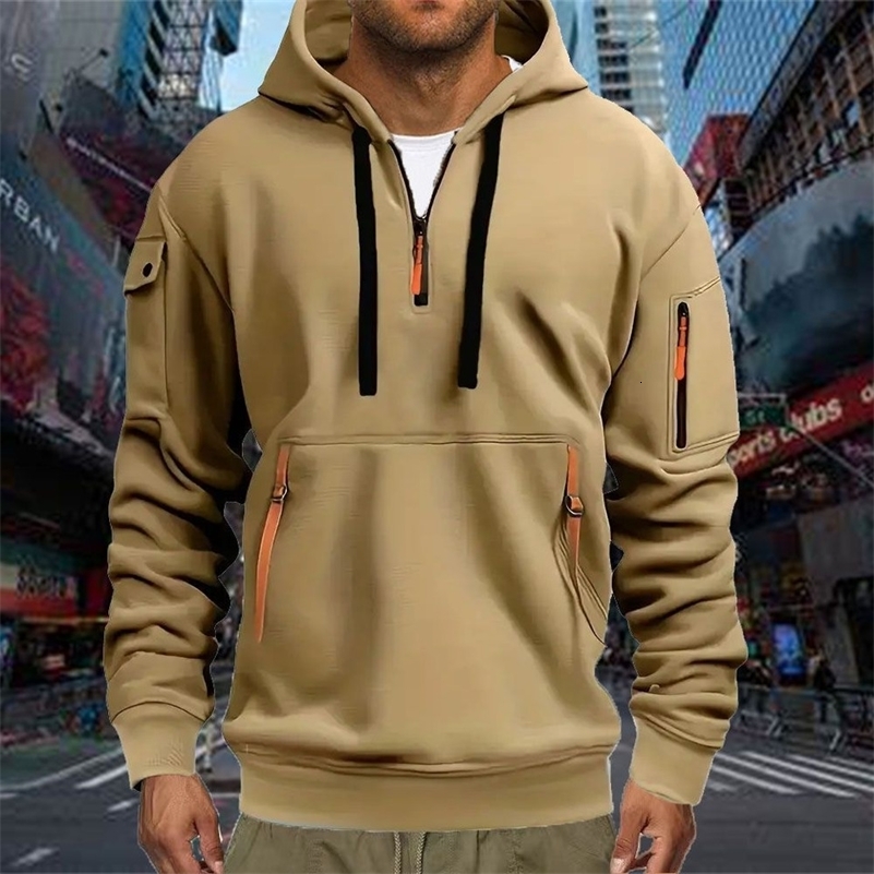 Mens Casual Sports Hoodie Spring Autumn Fashion Solid Color Long-Sleeved Pullover with Arm Pocket And Pull Rope plus Size 260227