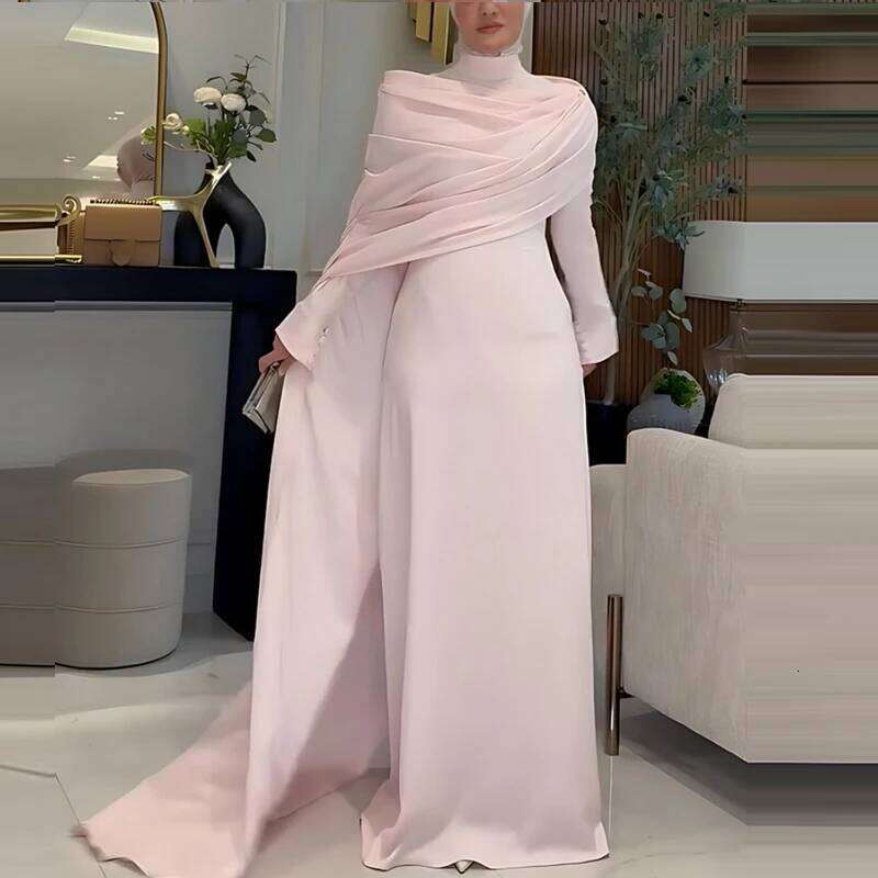 Women's Casual Sleeve Draped Gowns Elegant Cape Design Long Dresses Fashion Stand Collar Irregular Floor Length Dress C260312