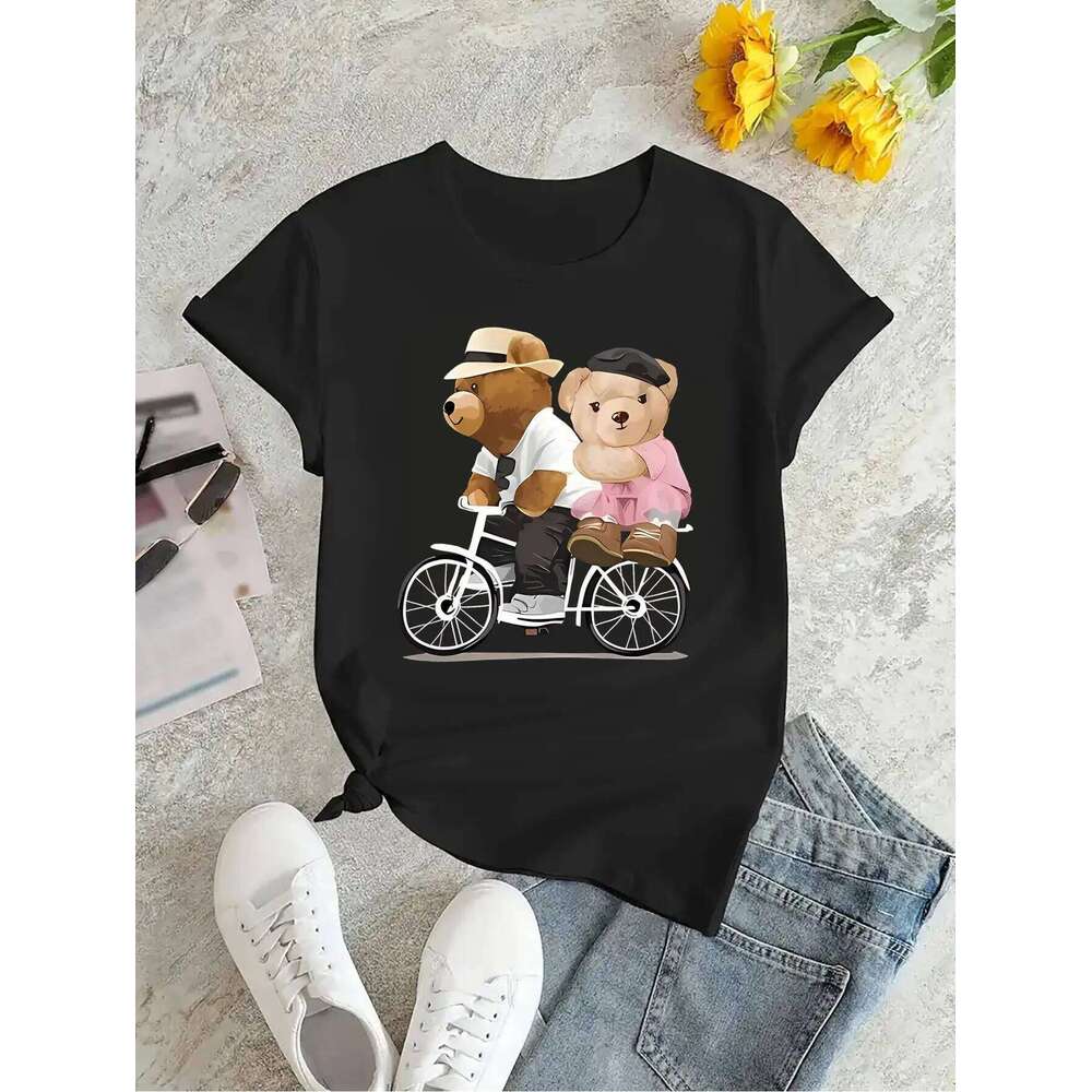 Women's Comfort Fit Bear Graphic T-Shirt Casual Round Neck Top for Spring Summer Autumn Z260312