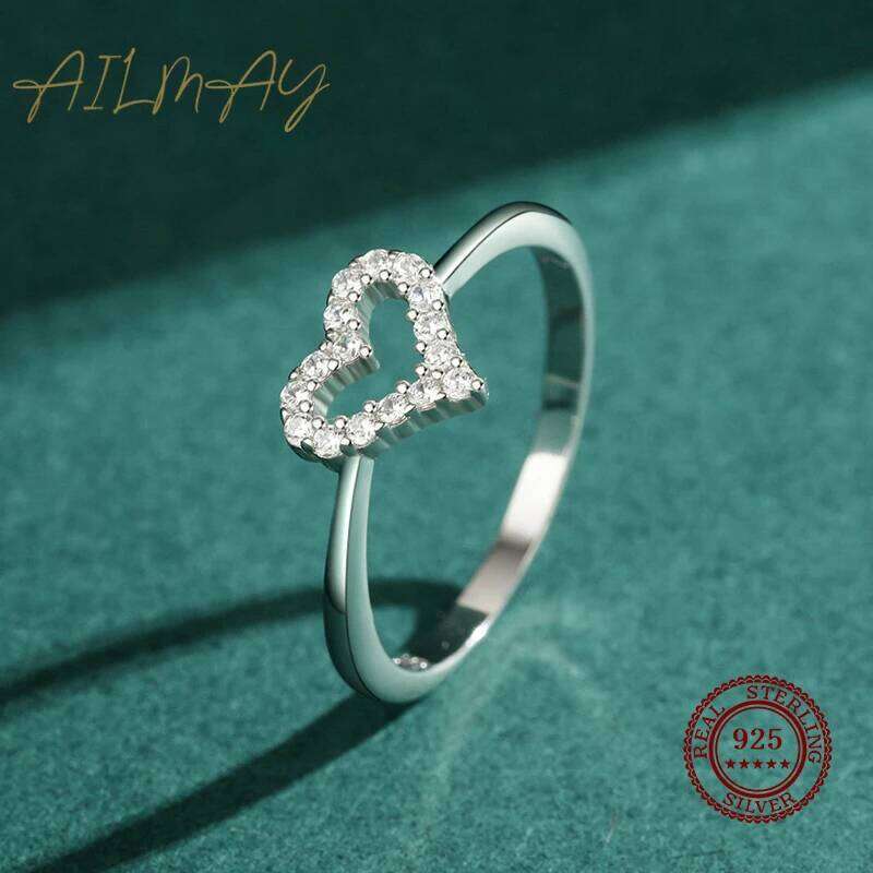 Ailmay Fine Romantic Hollowed Heart 925 Sterling Silver Clear Zircon Finger Ring For Women Wedding Engagement Statement Jewelry H260312
