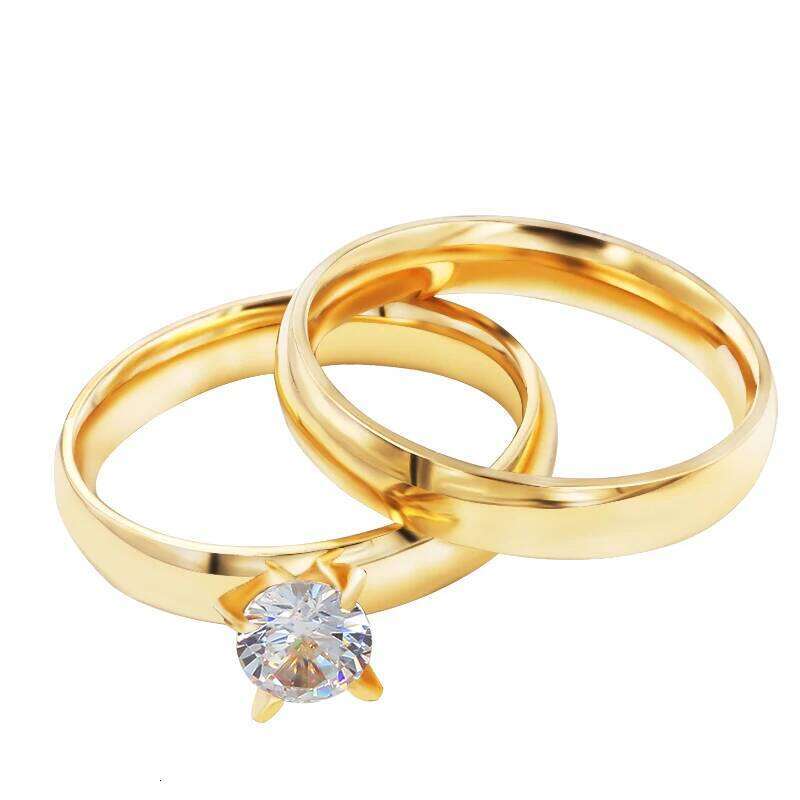 QianBei Fashion 2pcs/Set Single Zircon 4MM Charm Jewelry Gifts Ring Men Stainless Steel Gold Color Couple Rings For Women Man W260311