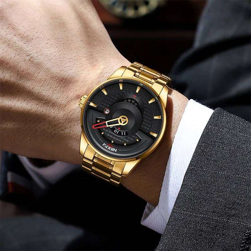 NIBOSI Unique Business Men Watch Fashion Auto Date Stainless Steel Strap Quartz Wristwatch Man Gift Calendar Clock Reloj Hombre