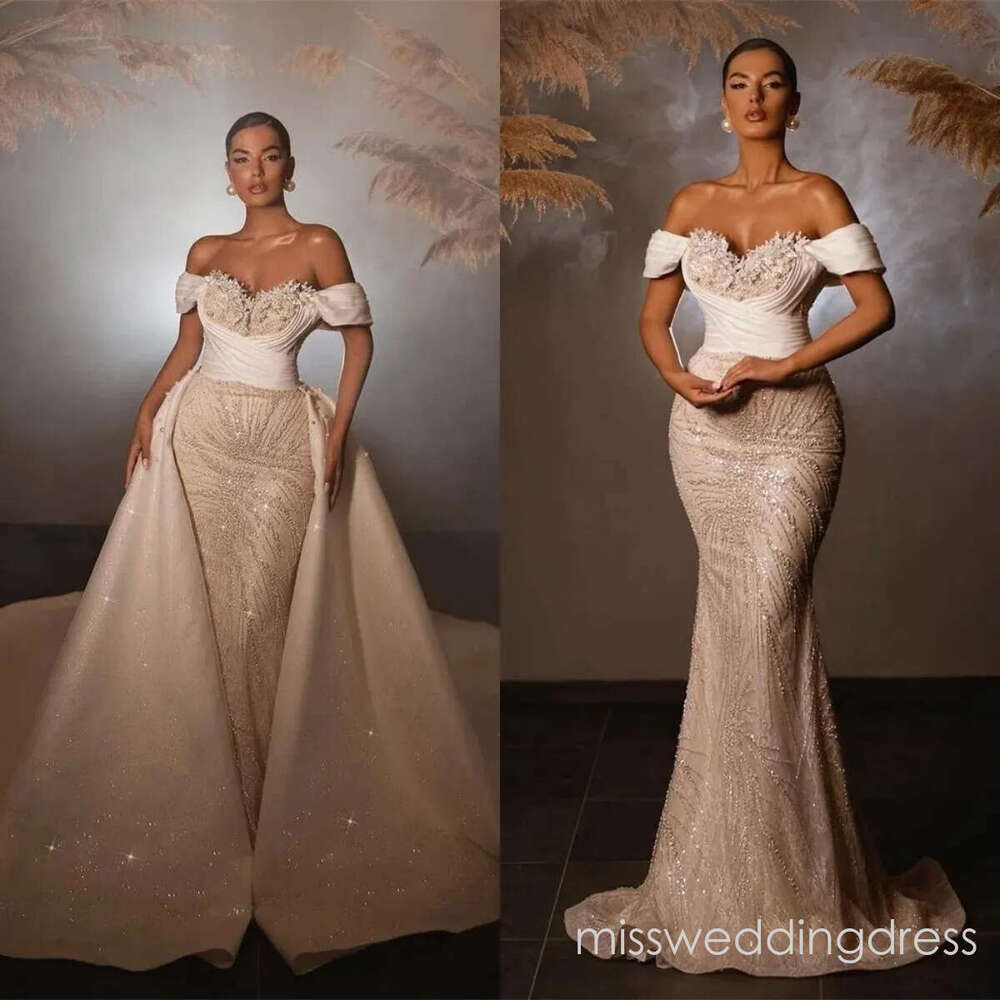 Graceful Lace Mermaid Bridal Gowns Pearl Wedding Dress with Overskirts Sequins Off the Shoulder Custom Made Sweep Train Vestido de novia
