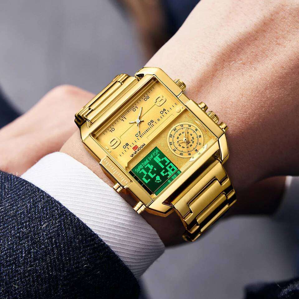 2025 New LED Fashion Square Creative Quartz Movement Black Stainless Steel Waterproof Timing Electronic Watch for Men