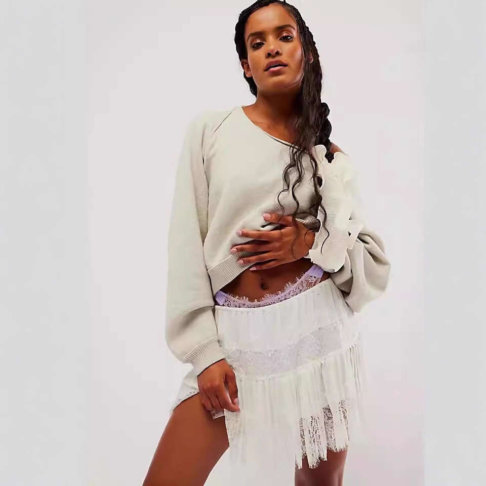 European and American cross-border ballet-style basic solid color irregular lace high-waisted versatile short skirt for trendy girls on Amazon