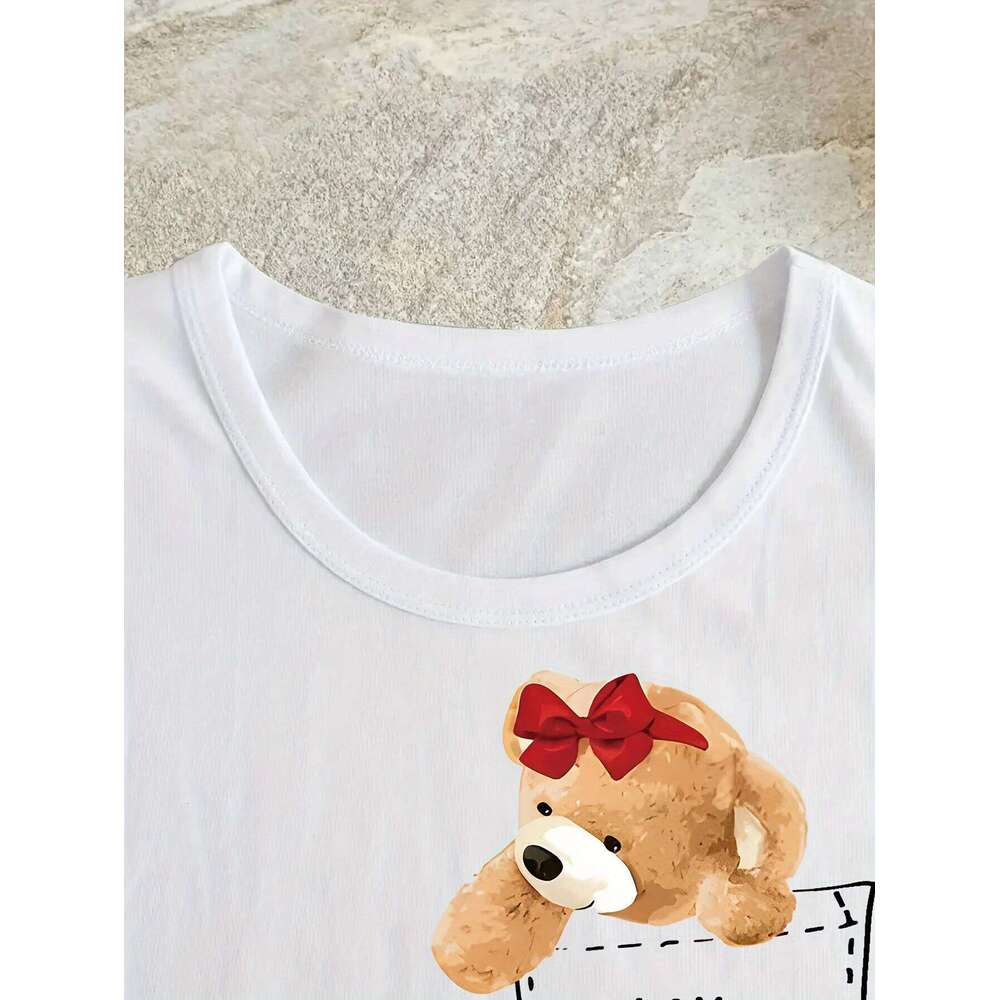 Cute Bear Print T-shirt Short Sleeve Crew Neck Top for Summer & Spring Women's Casual Female Clothing Z260312